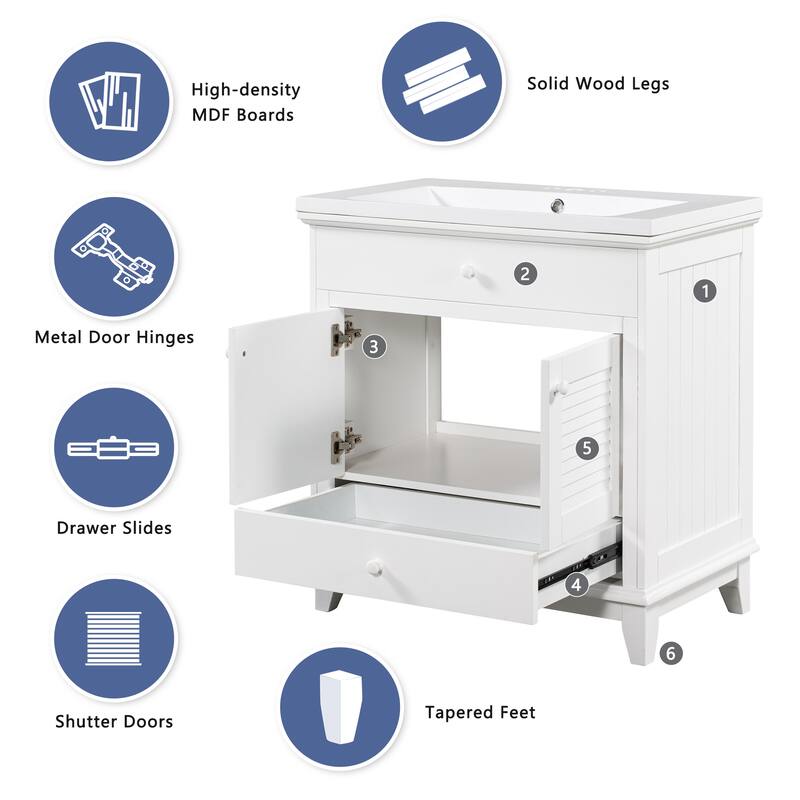 White 30" Bathroom Base Only Storage with 1 Drawer